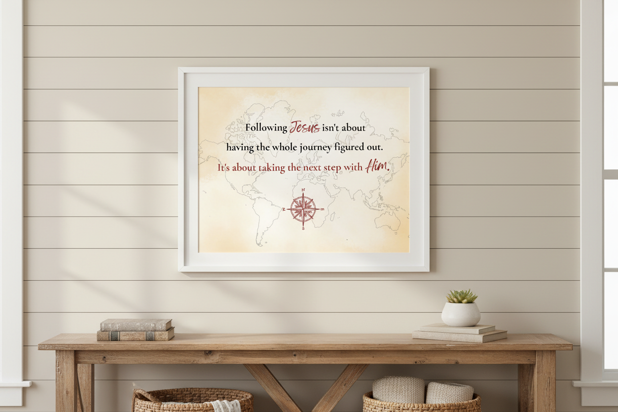 Following Jesus faith print shown in a white frame on a wall