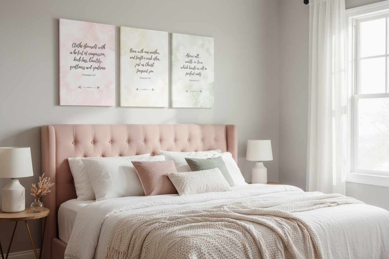 Colossians Collection bedroom canvas gallery wall - natural lighting