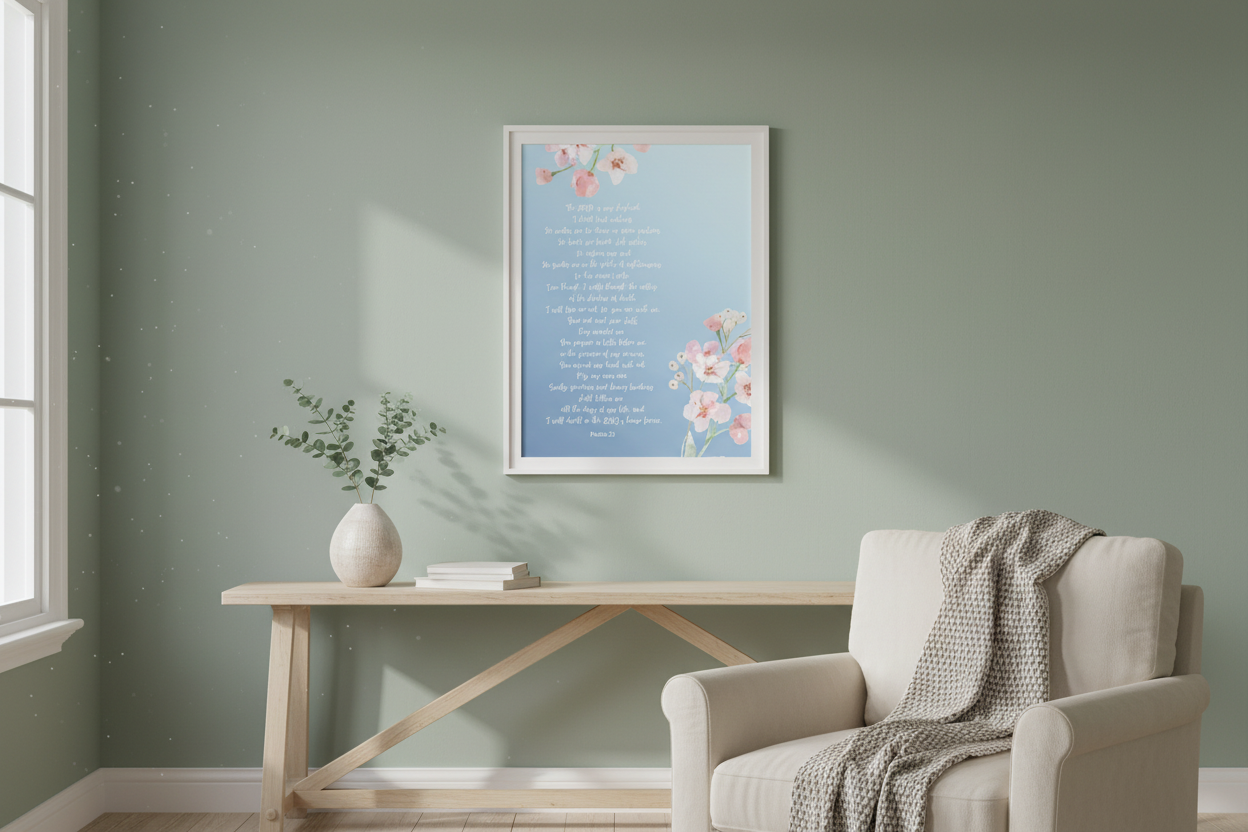 Psalm 23 Light - White Frame Blue Wall